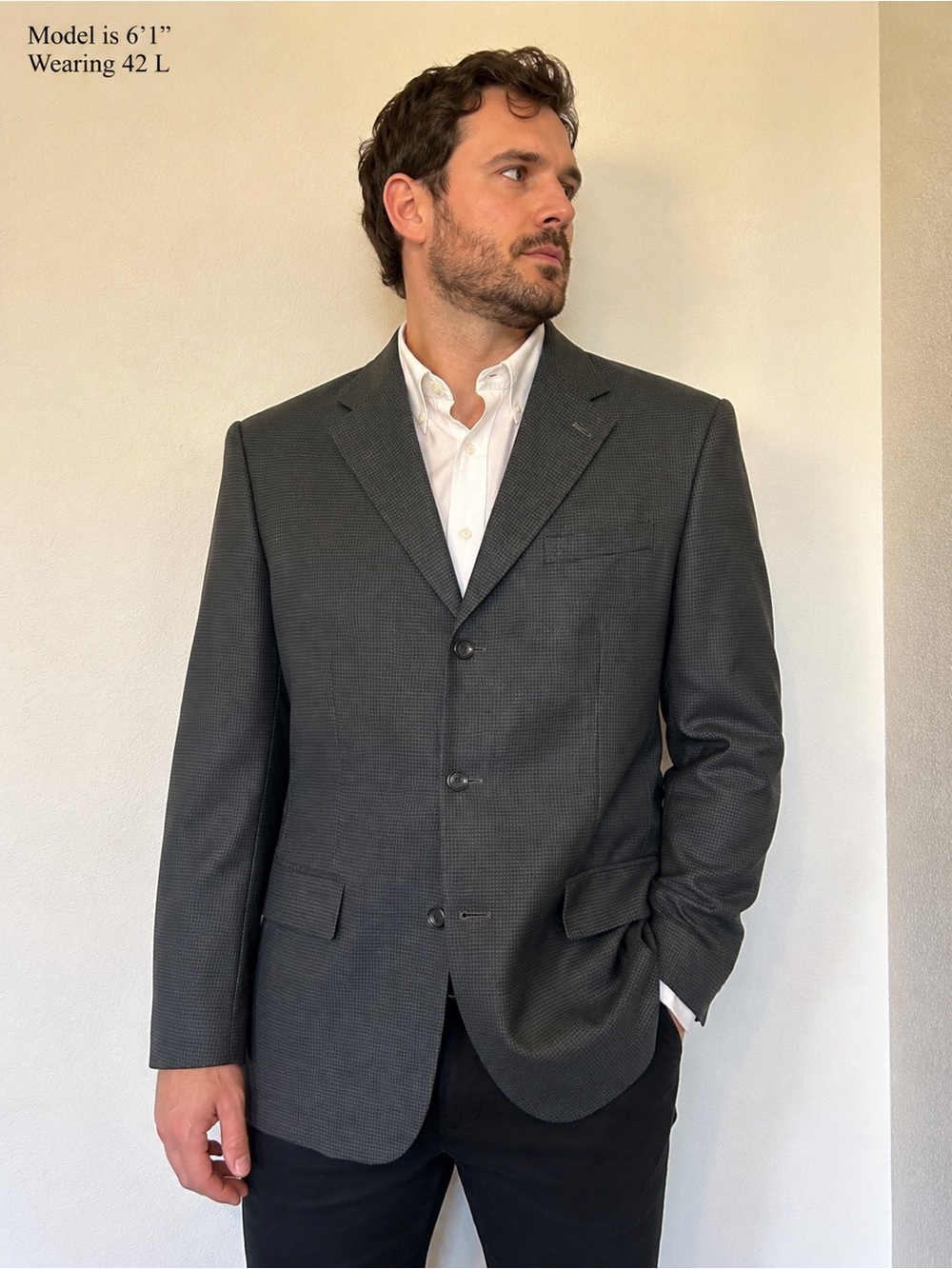 Oscar De La Renta Men’s 100% Wool Sport Coat Blazer Gray Micro Check 42L Luxury